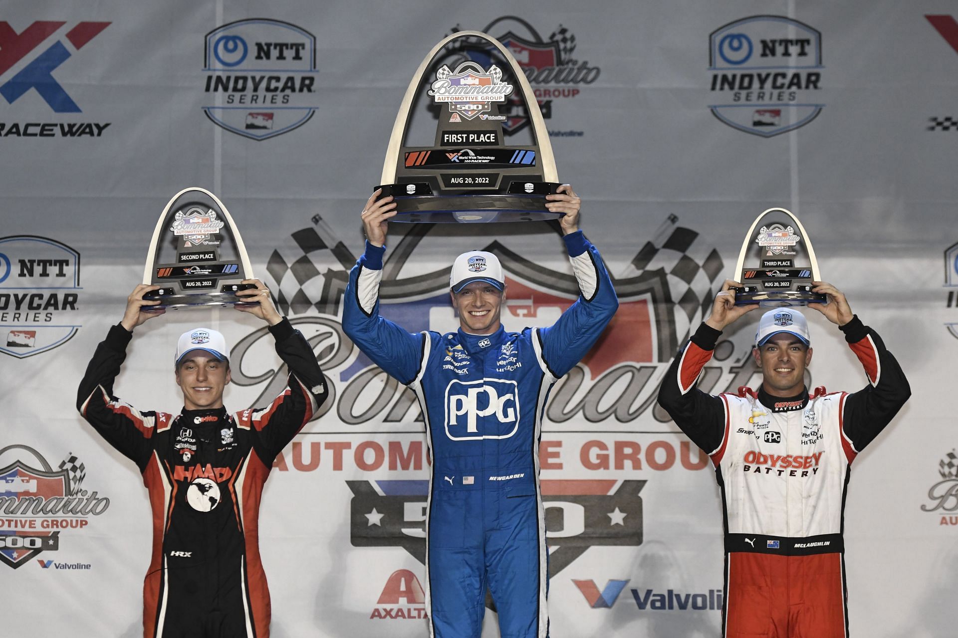 David Malukas, Josef Newgarden, and Scott McLaughlin on the Bommarito Automotive Group 500 podium - Source: Getty